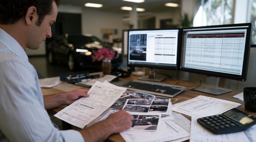 How Insurance Companies Calculate Car Accident Settlements 1 A realistic office scene showing an insurance claims adjuster reviewing medical records, repair estimates, accident photographs, police reports, and a calculator while evaluating a California car accident claim. Modern corporate office, computer monitors displaying claim files, documentary photography style, highly detailed, no logos or text.