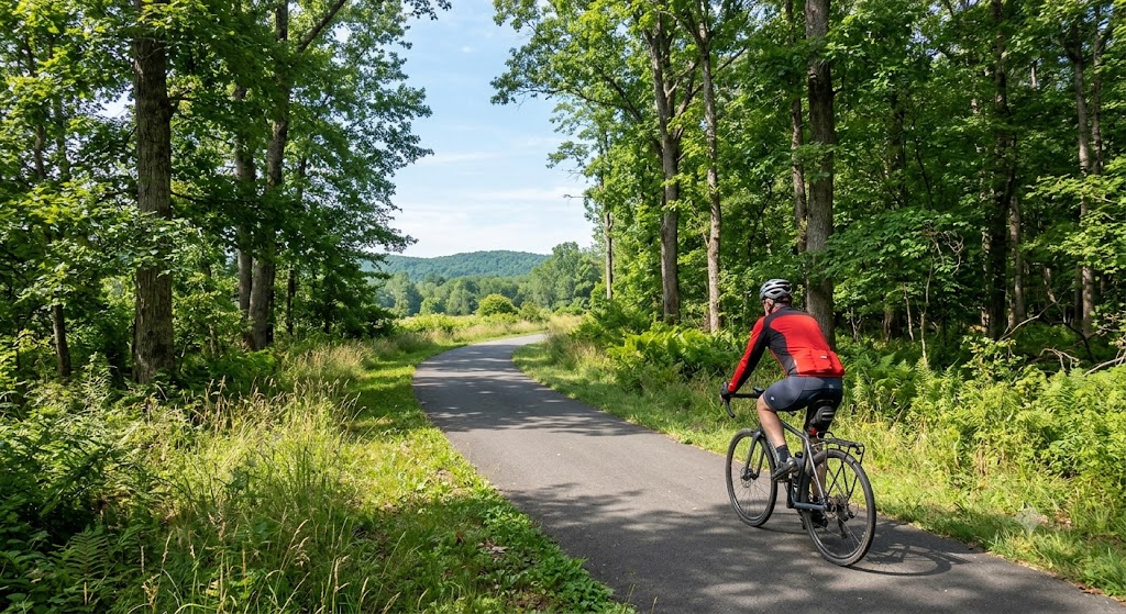 A cyclist riding along a separated, tree-lined bike path     resembling an off-road trail, daylight, distant view, no     face clearly identifiable.
