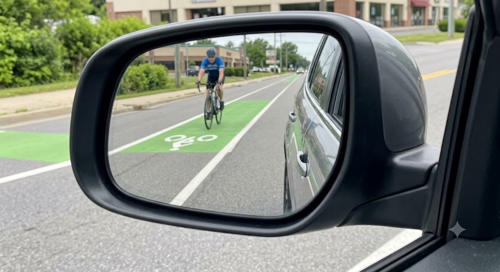  A driver's side mirror view showing a cyclist being passed     with visible generous clearance, daylight, representing the     three-foot passing law. No faces clearly visible.