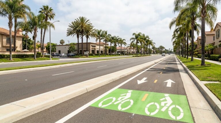 A wide shot of a clearly marked bike lane on a wide, well- maintained Orange County street, daylight, palm trees in background, no cyclists or accident depicted.