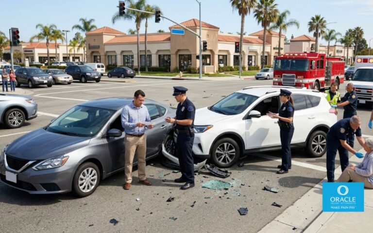 A highly realistic car accident at a busy Orange County intersection involving two passenger vehicles immediately after a collision. Police officers are speaking with both drivers while one driver appears concerned as officers review documentation. Emergency responders assist injured occupants. Bright California daylight, suburban environment, cinematic editorial photography, ultra-realistic, no visible injuries, no text or logos.