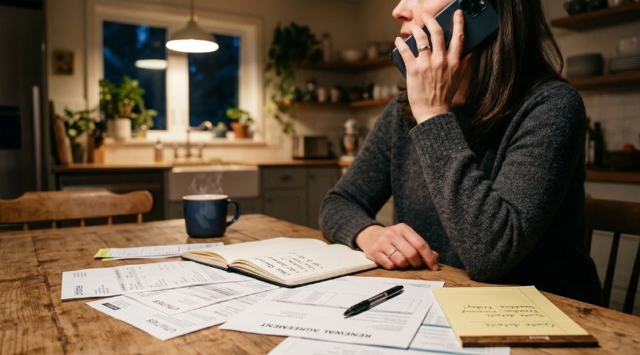 Car Accident Settlement Claims in Riverside: What Victims Should Know 2 A person sitting at a kitchen table holding a phone to their ear, papers spread in front of them, soft indoor lighting. Only hands and shoulders visible, no face.