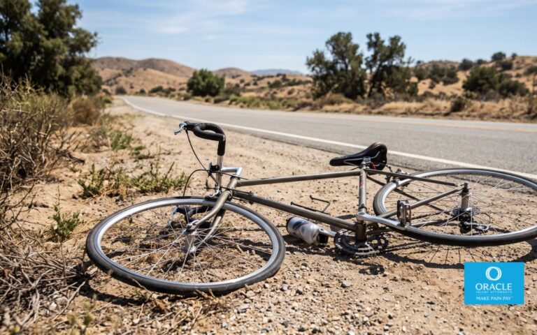 A damaged bicycle lying on the side of a Riverside County road, daylight, no graphic injuries visible, no faces. Represents the aftermath of a crash.