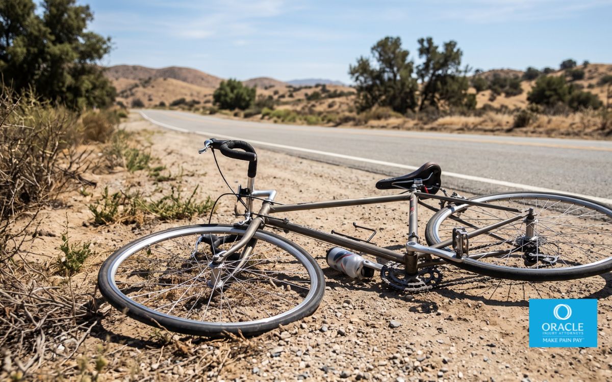 Una bicicleta dañada yace al costado de una carretera del condado de Riverside, a plena luz del día, sin lesiones visibles ni rostros. Representa las consecuencias de un accidente.