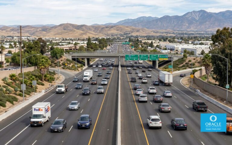 A wide shot of a Riverside County street (215/91 corridor style) with moderate traffic, daylight, clean professional look. No accident depicted.