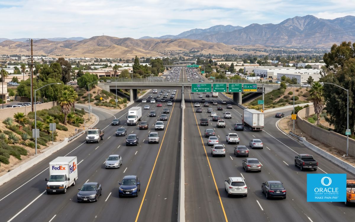A wide shot of a Riverside County street (215/91 corridor style) with moderate traffic, daylight, clean professional look. No accident depicted.