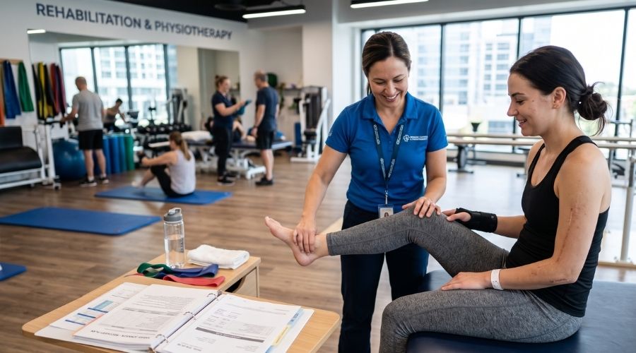 Photorealistic accident victim receiving physical therapy after a serious car crash, medical bills and treatment plans visible on a nearby table, modern rehabilitation clinic, hopeful recovery, highly detailed healthcare photography, 8k