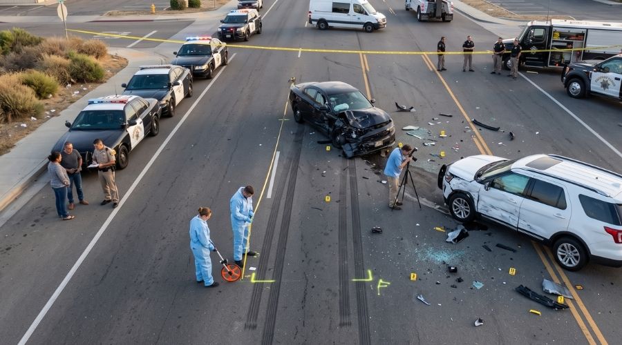 Can Driving Without a License Affect Your Personal Injury Claim? 3 A realistic overhead view of a California traffic collision investigation showing police officers documenting evidence, measuring skid marks, interviewing witnesses, and photographing vehicle damage. The scene illustrates fault determination without depicting injuries. Documentary photography style.