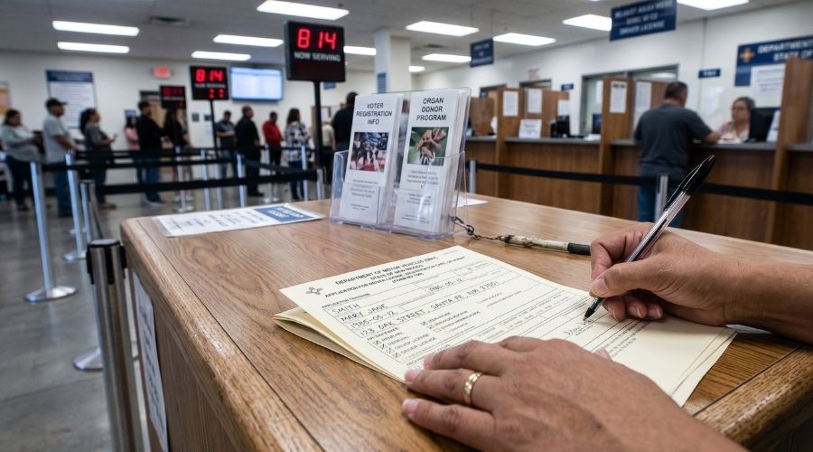 A person's hands filling out official government paperwork at a DMV-style counter. Only hands visible, no face. Neutral tones, fluorescent lighting suggesting a public office