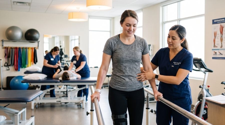 Photorealistic pedestrian accident victim attending physical therapy after sustaining serious injuries, rehabilitation clinic, supportive medical staff, hopeful recovery atmosphere, highly detailed healthcare photography, 8k