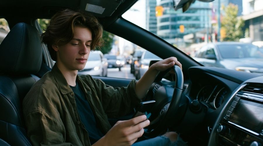 Conductor adolescente realista que mira brevemente una notificación de teléfono inteligente mientras conduce por el tráfico de la ciudad, enfoque en el peligro de la distracción, interior de vehículo moderno, fotografía de seguridad de estilo documental, ultra detallado.