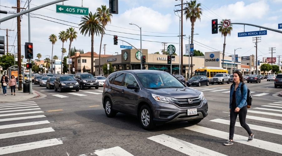 Photorealistic driver making a left turn through a busy California intersection while failing to yield to a pedestrian in a marked crosswalk, realistic traffic conditions, dramatic yet non-graphic scene, documentary photography, highly detailed, 8k