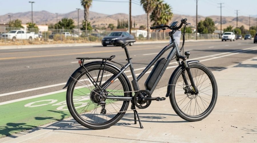 What to Do After a Bicycle Accident in Riverside County 3 An e-bike parked on a sidewalk near a Riverside County street, daylight, clean composition. No people, no accident depicted. Represents e-bike claims angle.