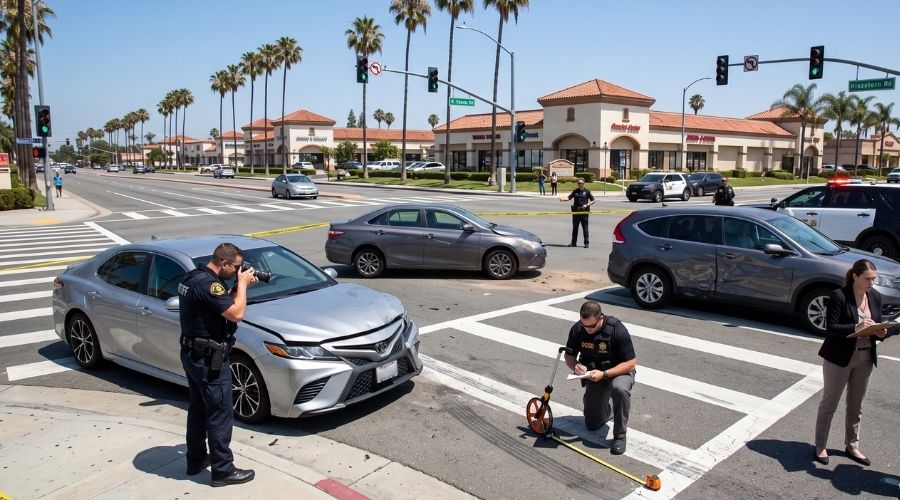 How Insurance Companies Calculate Car Accident Settlements 2 A realistic California car accident investigation at a busy intersection. Police officers photograph vehicle damage while investigators examine skid marks, traffic signals, and interview witnesses. Two damaged vehicles remain safely positioned after the collision. Bright daylight, Orange County streetscape, ultra-realistic news photography.