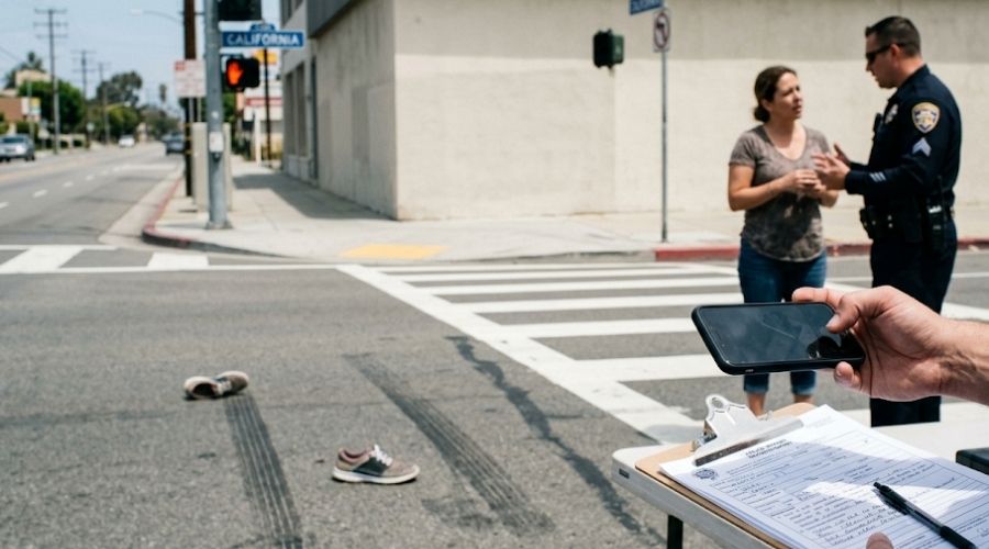 Pedestrian Accident Risks and Right-of-Way Rules in Orange County 2 A close-up realistic scene showing investigators documenting a pedestrian accident in California. Visible details include a smartphone taking photographs, police report paperwork, skid marks, traffic signals, witness speaking with an officer, and crosswalk markings. Bright daylight, highly detailed, legal documentary style.