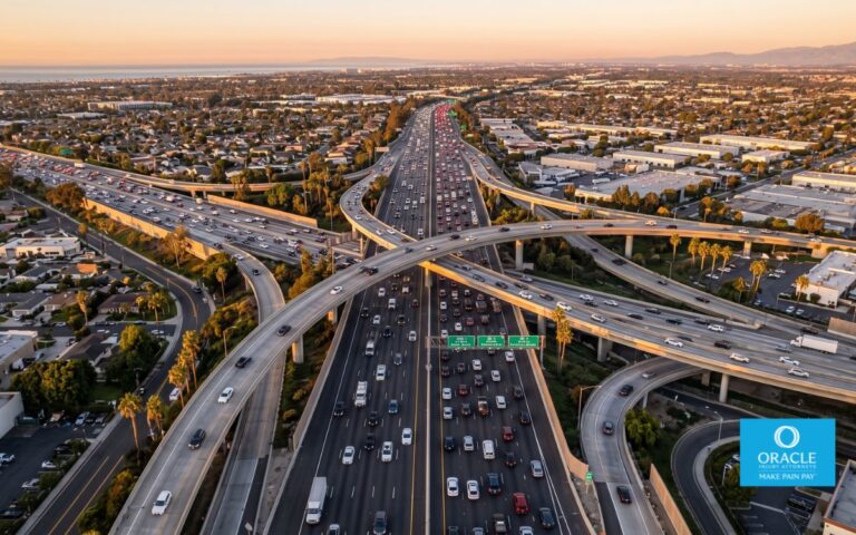 A wide aerial view of a busy Orange County freeway interchange (405 or 5) with heavy traffic, golden-hour lighting, no accident, clean professional look.
