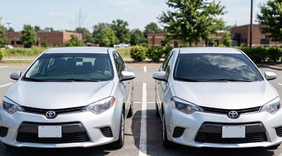 Common California Tint Law Violations and Their Consequences 1 A side-by-side comparison of two car windshields — one with a small top tint strip near the AS-1 line, another with a full dark windshield — parked in daylight. No people.