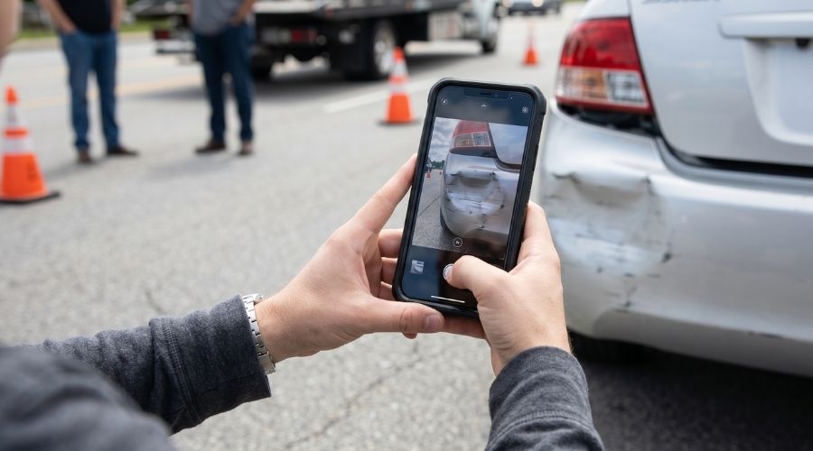 Car Accident Settlement Claims in Riverside: What Victims Should Know 1 A person taking a photo of vehicle damage with a smartphone at an accident scene, daylight, only hands and phone visible, no faces or license plates clearly identifiable.