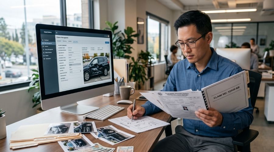 Can Driving Without a License Affect Your Personal Injury Claim? 2 A realistic insurance claims office where an adjuster carefully reviews accident photographs, medical records, police reports, and witness statements on dual computer monitors. Professional workspace, legal documents spread across the desk, editorial business photography, highly detailed.