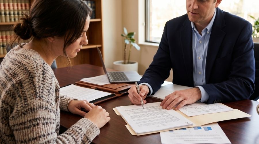 Understanding Car Accident Compensation After a Crash in Riverside County 3 Close-up of a calm attorney-client consultation: two people at a conference table reviewing documents, warm office lighting. No faces clearly identifiable.