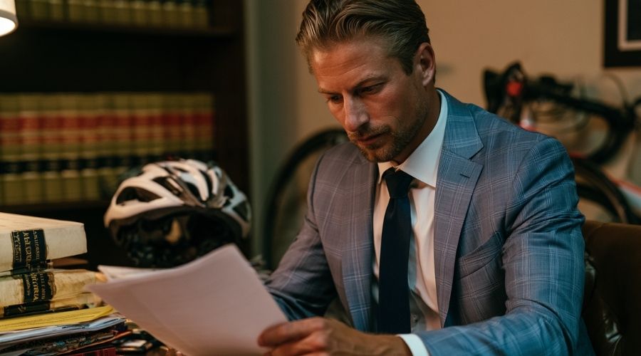What Every Cyclist in Riverside County Should Know About Injury Claims 3 A personal injury attorney reviewing documents at a desk with California legal books and a bicycle helmet in the background, professional office setting, warm lighting.