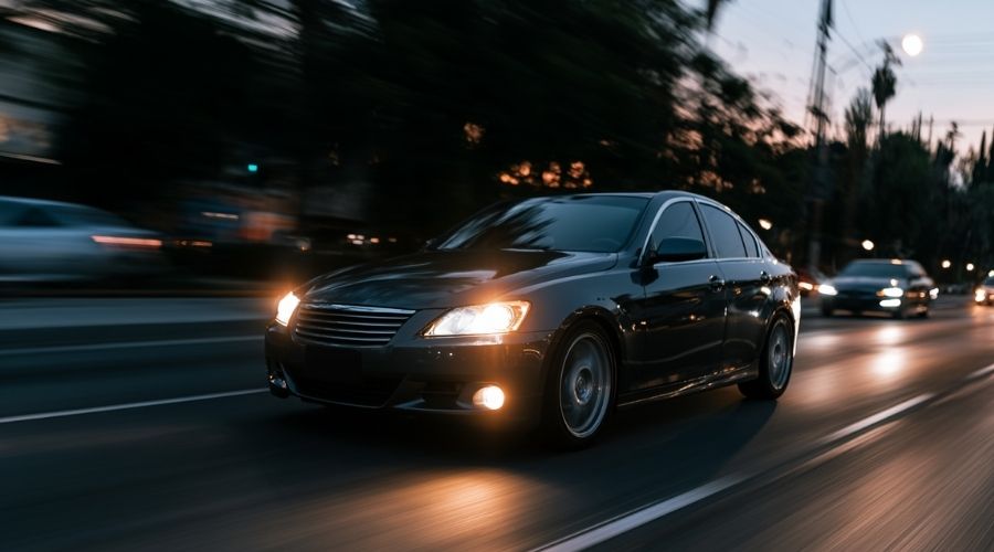 A car driving at dusk with headlights on, tinted windows
     visible, representing reduced visibility conditions. No
     accident depicted.