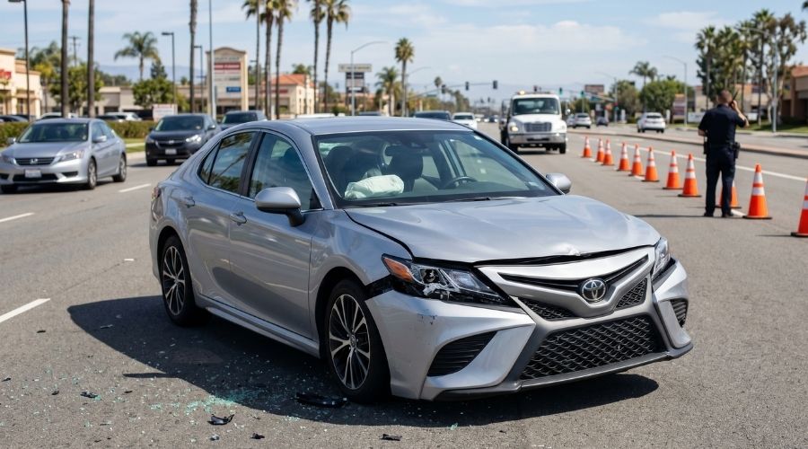 A car with visible front-end collision damage on an Orange
     County street, daytime, no graphic injuries, police cones
     visible in background.
 