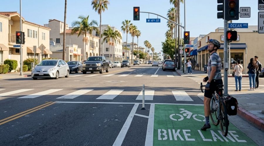 Understanding California Bicycle Helmet Laws for Riders of All Ages 3 Photorealistic cyclist obeying a traffic signal at a marked intersection with visible bike lane markings and road signs, illustrating California bicycle laws and safe riding practices, documentary photography, ultra-detailed, 8k