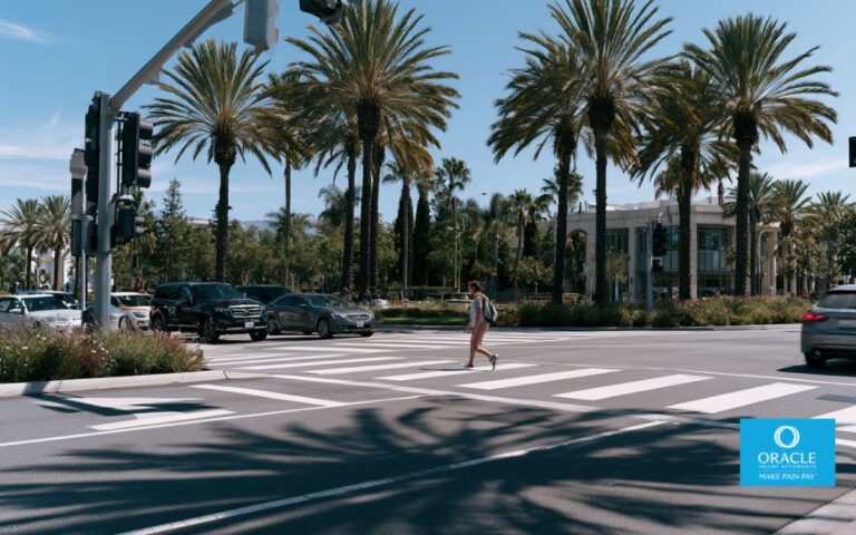 A realistic daytime scene at a busy Orange County intersection with a pedestrian legally crossing in a marked crosswalk while multiple vehicles stop to yield. Palm trees, modern traffic lights, clear road markings, and Southern California architecture create a recognizable California setting. Professional documentary-style photography, ultra realistic, natural sunlight, high detail, no text.