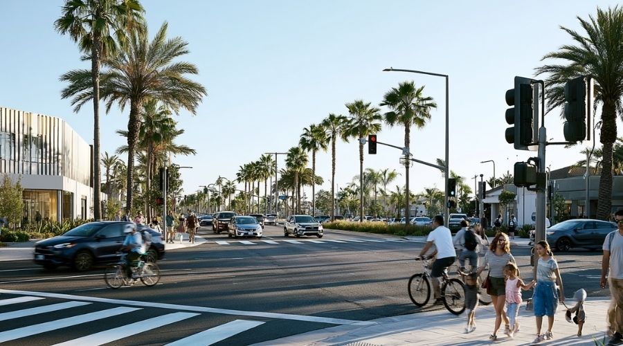 Pedestrian Accident Risks and Right-of-Way Rules in Orange County 3 A realistic Orange County intersection where drivers yield to pedestrians while cyclists, families, and commuters safely use crosswalks and sidewalks. Modern California streetscape with palm trees, visible pedestrian crossing signals, bright afternoon sunlight, highly detailed, optimistic, documentary photography style.
