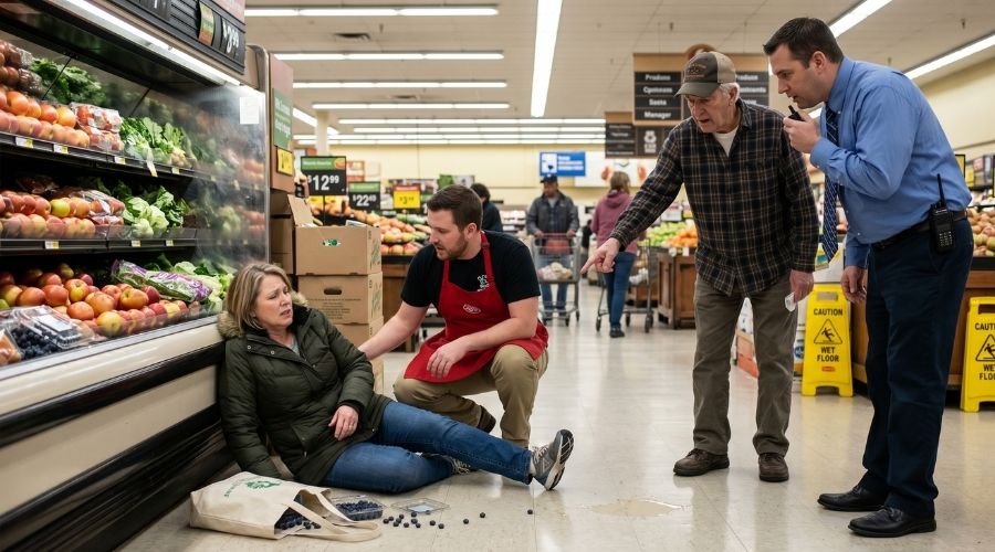 Accidente fotorrealista de resbalón y caída en un supermercado, testigo señala un derrame sin marcar en el suelo mientras los empleados de la tienda responden, entorno comercial realista, fotografía documental, ultra detallado.