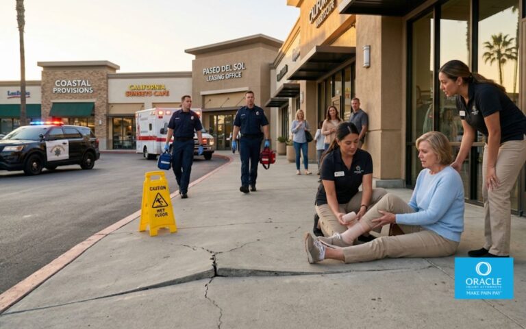 Photorealistic injured visitor receiving assistance after an accident at a modern shopping center in California, visible hazardous property condition, emergency responders arriving, realistic commercial environment, documentary photography, cinematic lighting, ultra-detailed, 8k