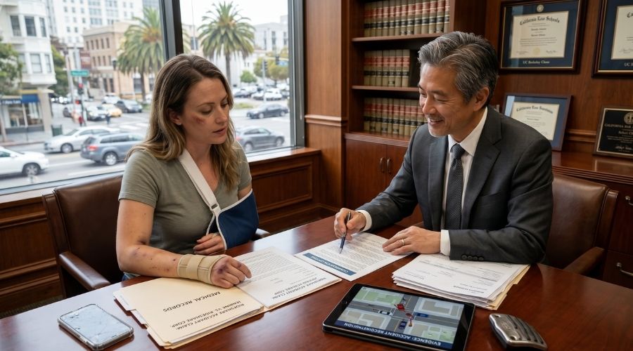 Víctima de accidente en un servicio de transporte compartido se reúne con un abogado experimentado para analizar las opciones de compensación, revisar los registros médicos y las pruebas del accidente. Oficina legal profesional de California, ambiente de confianza, iluminación cinematográfica, ultra detallado, 8K.