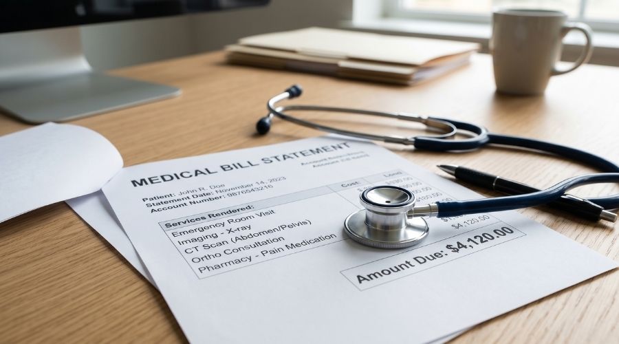 A stethoscope and medical bill statement on a desk, suggesting
     medical expenses after an accident. Neutral background.