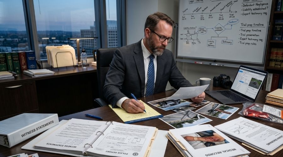 Abogado especializado en lesiones personales revisando declaraciones de testigos, informes policiales, fotografías y pruebas de accidentes en un moderno despacho de abogados, escena de investigación legal realista, fotografía profesional, ultra detallada, 8k