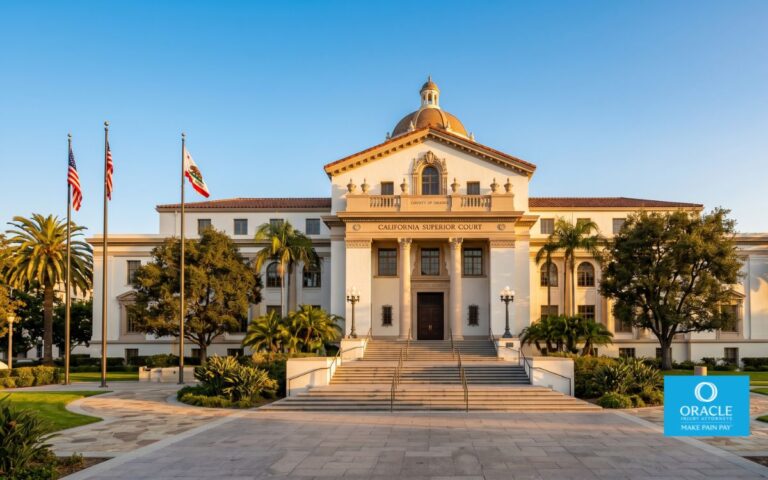 A wide, clean shot of a California courthouse exterior at golden hour, steps leading to the entrance, no people visible, clear sky. Professional and authoritative tone.