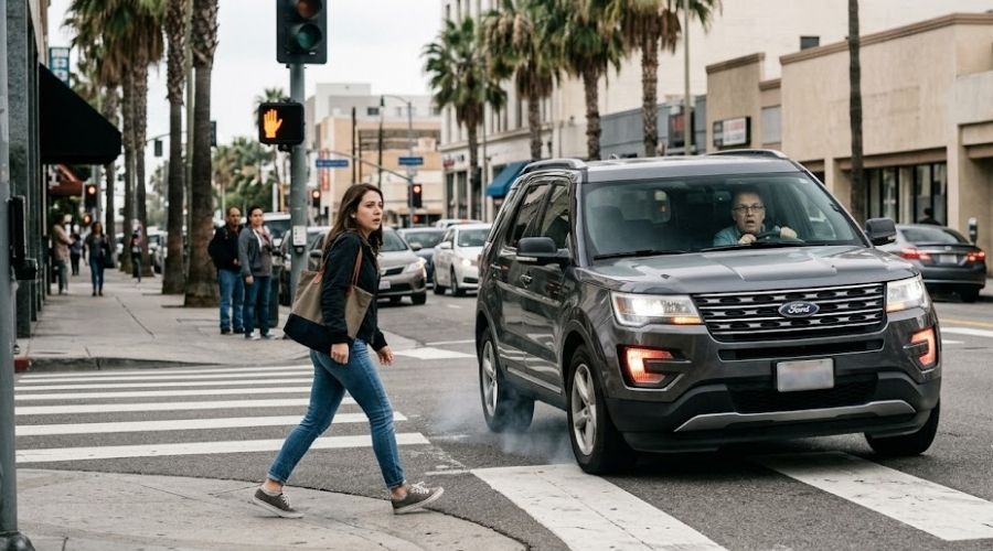 Pedestrian Accident Risks and Right-of-Way Rules in Orange County 1 A cinematic, ultra-realistic scene capturing a tense moment as a pedestrian steps into a California crosswalk while an approaching SUV brakes suddenly. No collision is shown. The focus is on the driver's reaction, pedestrian awareness, and realistic urban surroundings with palm trees and traffic lights. Documentary photography style, natural lighting, high detail.