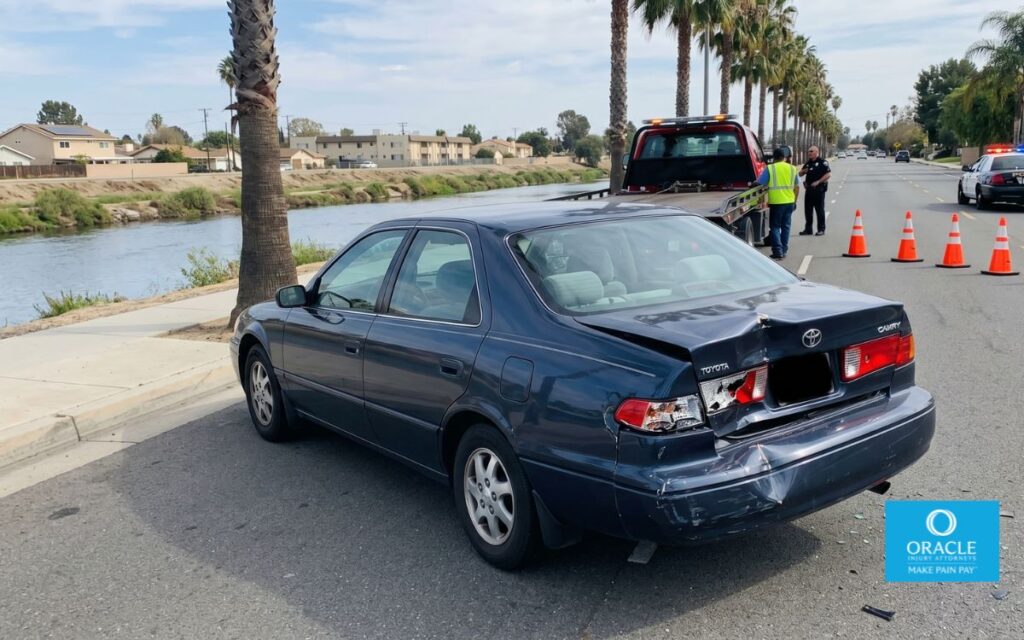 A car with visible rear-end collision damage on a suburban Riverside street, daylight, police cones in the background, no graphic injuries shown.