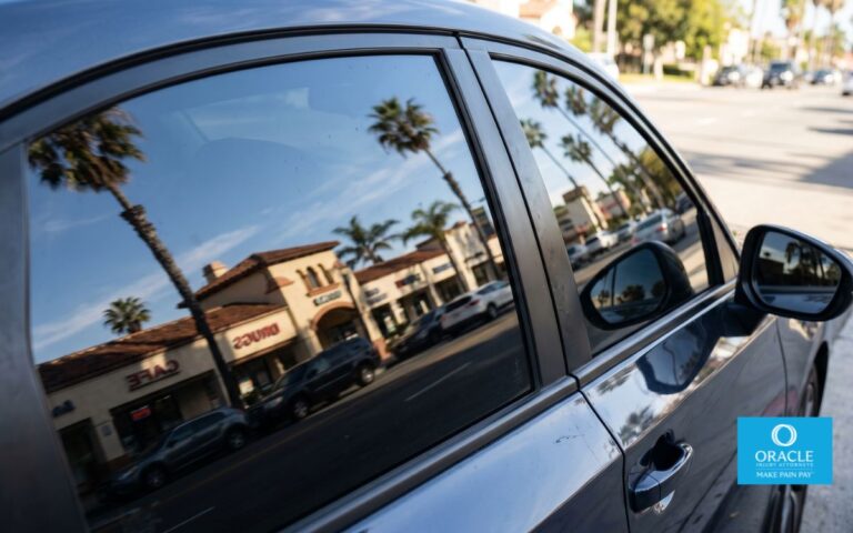 A close-up of a car's front side window with visible dark tint, daylight, reflecting a Southern California street scene. No people, no license plates visible.