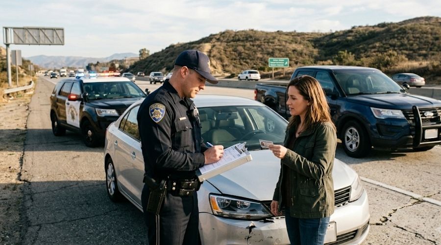 Can Driving Without a License Affect Your Personal Injury Claim? 1 A realistic scene showing a driver calmly providing identification and answering questions while a California highway patrol officer completes an accident report beside two damaged vehicles. Professional documentary photography, natural lighting, highly detailed, no logos or text.