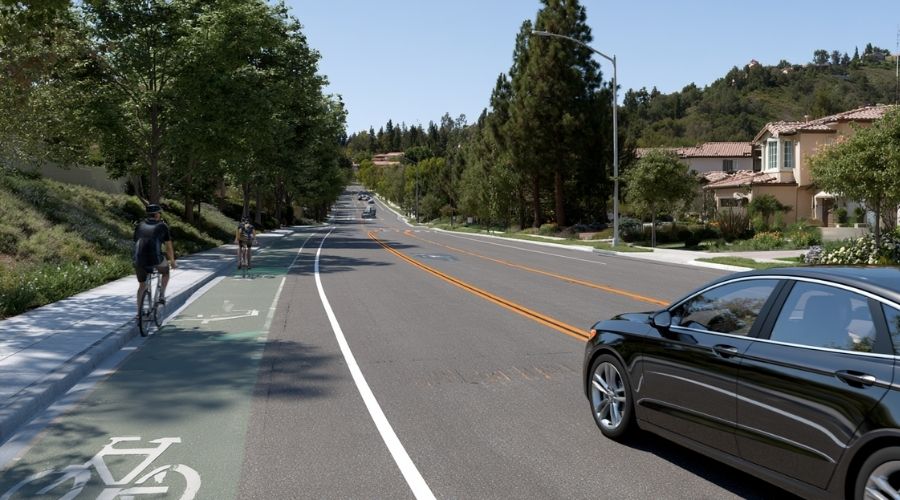 A realistic California roadway showing a motor vehicle safely passing a cyclist with a clearly visible three-foot buffer between them. Modern suburban street with bike lane, lane markings, and Orange County scenery. Educational, high-detail, photorealistic, natural daylight, no text, no logos.