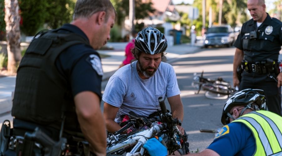A realistic bicycle accident scene where emergency responders assist an injured cyclist while police document the incident. A damaged bicycle rests safely off the roadway as witnesses speak with officers. Professional editorial photography, Orange County suburban street, daylight, no graphic injuries, no text, no logos.