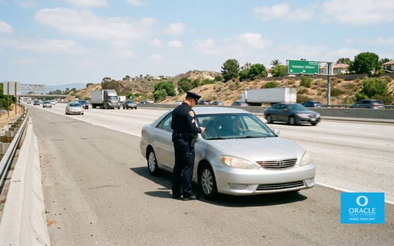 A police officer standing beside a pulled-over vehicle on a California highway, daytime. Professional, neutral tone. No faces clearly identifiable.