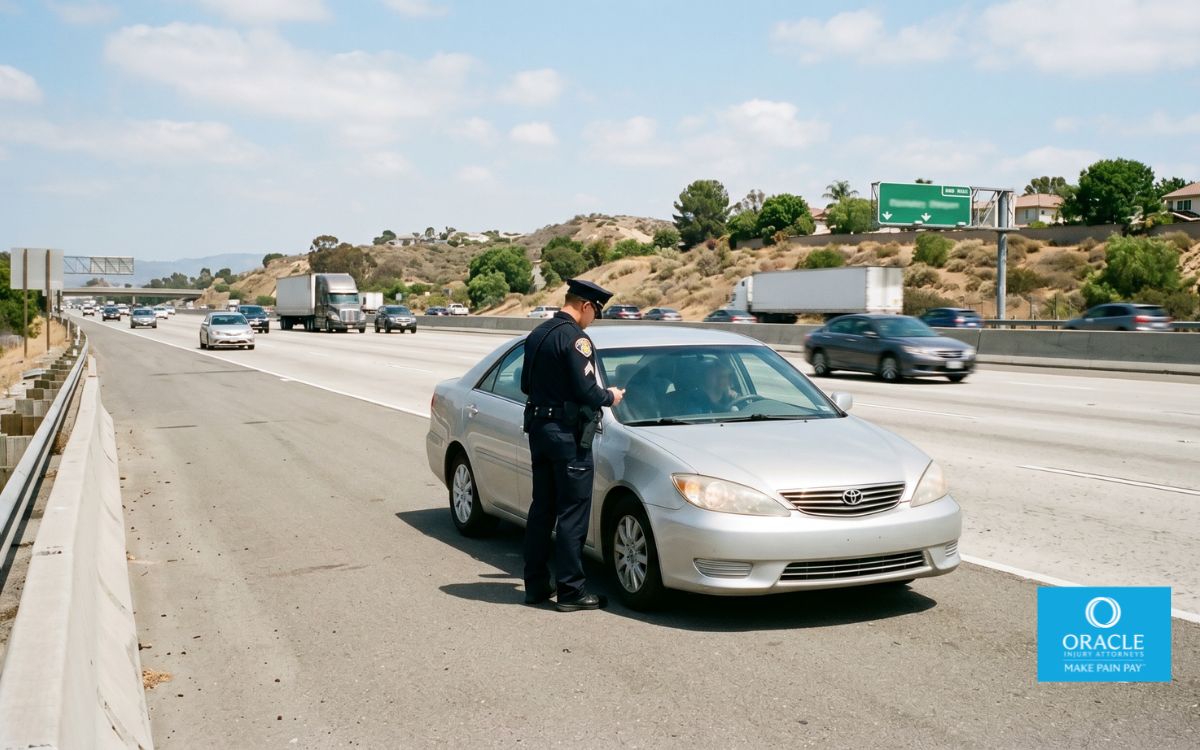 A police officer standing beside a pulled-over vehicle on a California highway, daytime. Professional, neutral tone. No faces clearly identifiable.