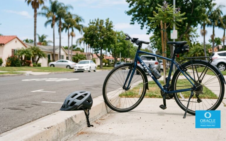 A bicycle helmet resting on a sidewalk curb beside a parked bicycle, daylight, suburban Southern California street. No accident damage shown, no people visible.