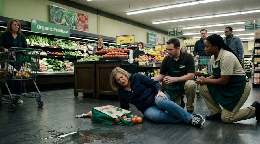 Slip and Fall vs. Premises Liability: What Is the Difference? 1 Photorealistic grocery store slip and fall caused by an unmarked wet floor, injured customer on the ground while employees respond, realistic retail environment, documentary photography, highly detailed, 8k