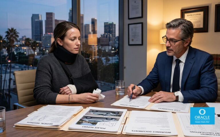 Photorealistic injured car accident victim meeting with an experienced personal injury attorney in a modern California law office, reviewing medical records, accident reports, insurance documents, and settlement calculations, professional and trustworthy atmosphere, cinematic lighting, documentary photography, ultra-detailed, 8k