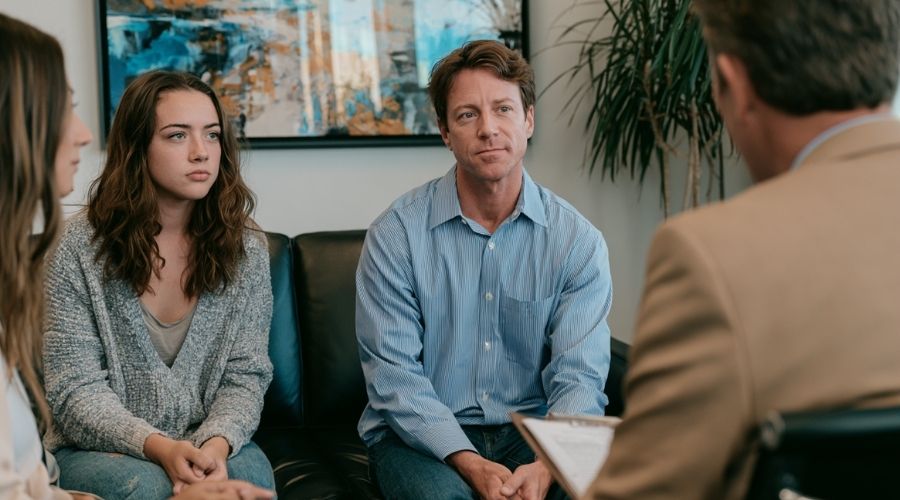 Padres preocupados y su hijo adolescente, conductor del vehículo, conversan con un abogado experimentado tras un grave accidente automovilístico en Anaheim, revisando opciones legales y planes de recuperación. Ambiente de confianza, moderno despacho de abogados de California, iluminación cinematográfica fotorrealista.