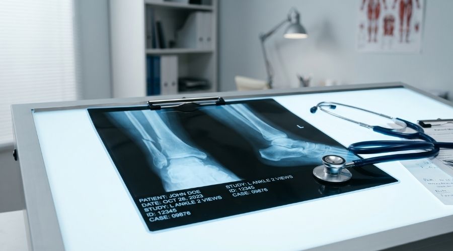 Understanding Car Accident Compensation After a Crash in Riverside County 2 A stethoscope beside an X-ray on a light table — representing injury documentation and medical evidence. Clean, clinical background.