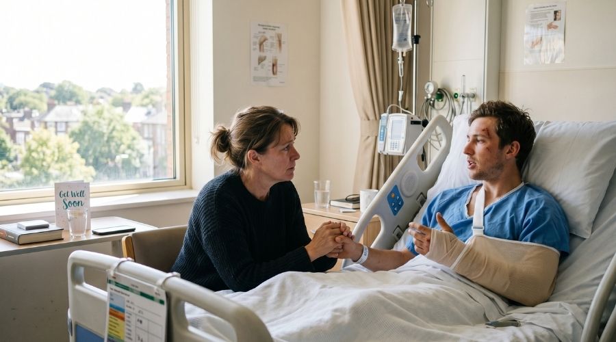 What Every Cyclist in Riverside County Should Know About Injury Claims 2 A cyclist in a hospital bed speaking with a concerned family member, natural light through a window, realistic lifestyle photography conveying the human impact of a bicycle accident.